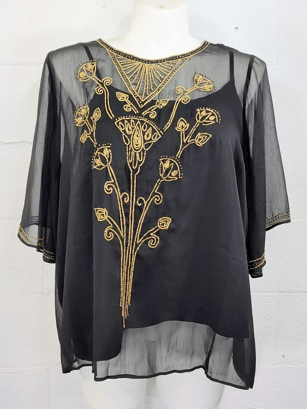 Modcloth Black Sheer Blouse with Gold Beaded Floral Motif